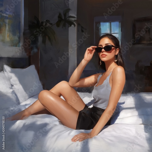 Young Woman Sits on Bed Wearing Sunglasses in a Stylish Room During Day Time