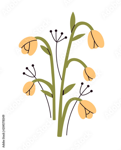 Abstract floral card with gentle delicate flower and leaf branches. Wildflowe...