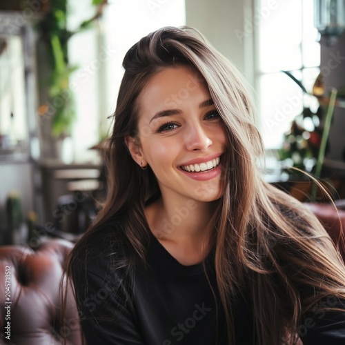 Young Woman Smiles Inside a Cafe With Natural Light Coming Through Windows