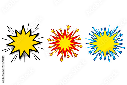 Vibrant collection of comic-style explosion and starburst graphics, perfect for adding dynamic visual impact and attracting immediate attention in creative design projects