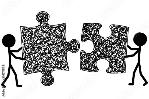 Illustrative graphic depicting two stick figures collaboratively connecting intricate puzzle pieces, symbolizing teamwork, problem-solving, and achieving a unified solution together