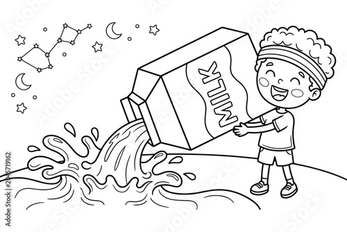 A happy child with a milk carton pouring a splash of milk into water, with stars and constellations in the background