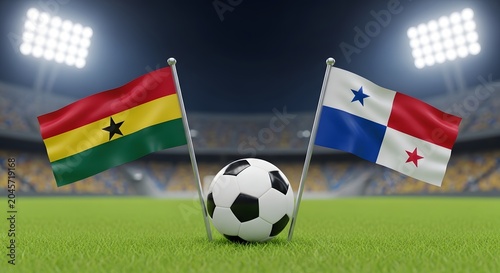 Ghana versus panama soccer match flags and ball on stadium pitch