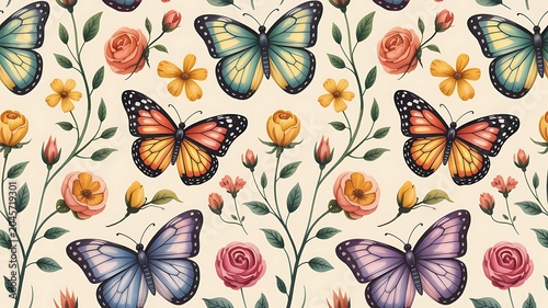 Colorful butterflies and flowers on beige background pattern