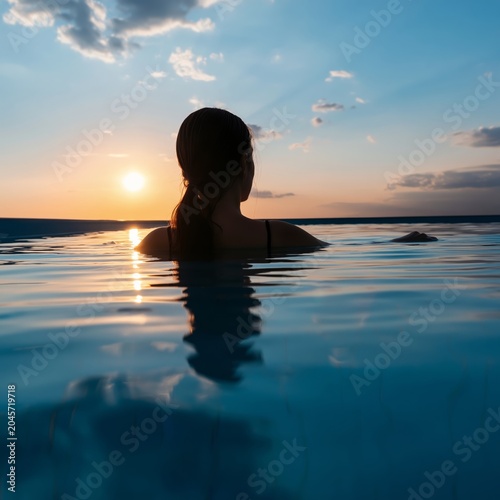 Person Watches Sunset While Standing in Water at a Pool During Evening Time