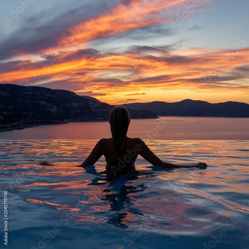 Person Watches Sunset While Standing in Water at a Pool During Evening Time