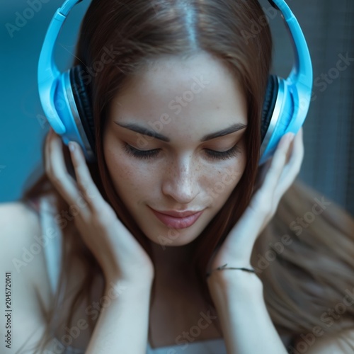 Woman Listens to Music With Headphones in a Bright Room With Plants in the Ba...