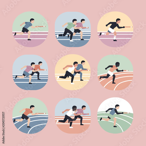 Fotografie Runners in a relay race compete on a track in a colorful illustration