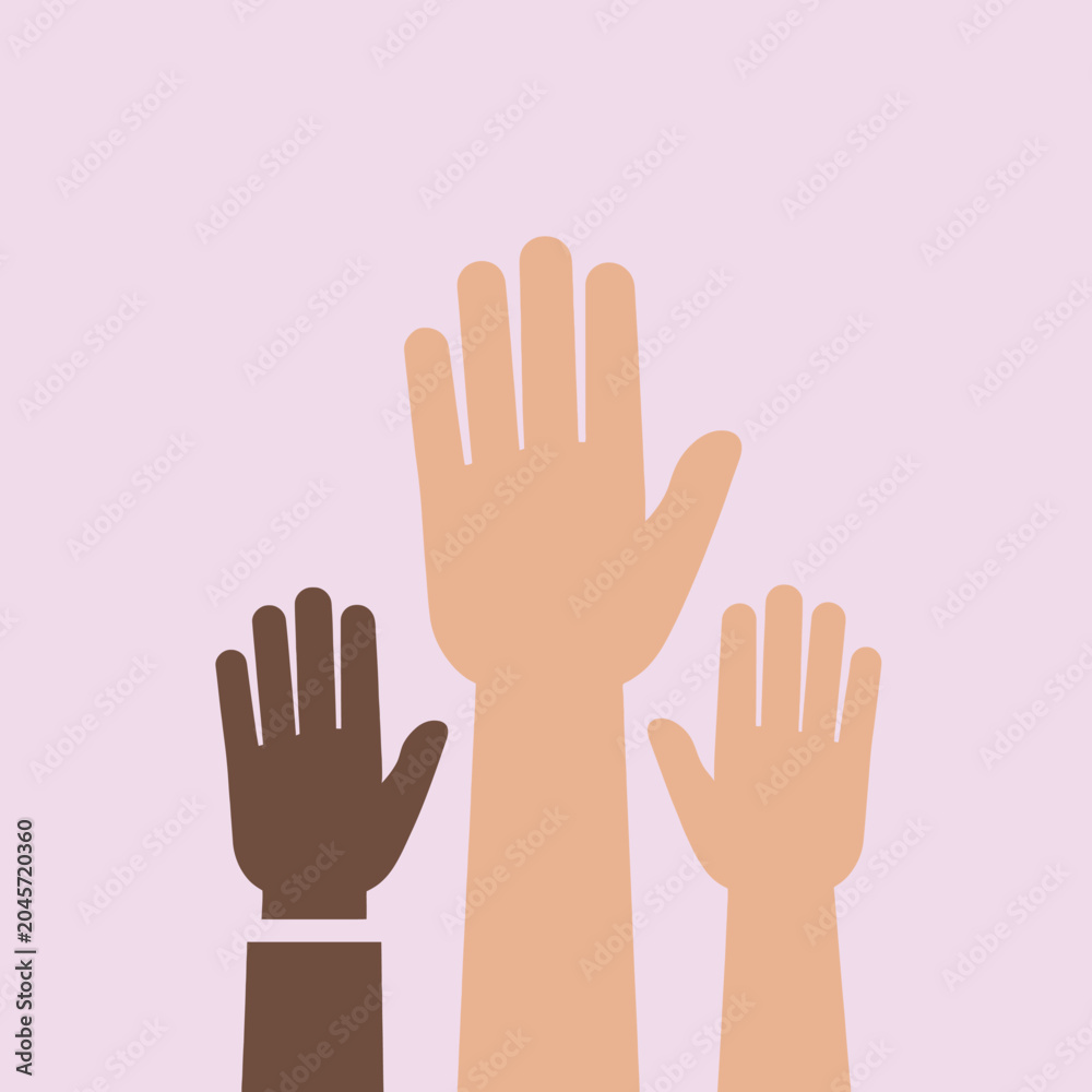 Obraz premium Three hands of different skin tones are raised against a soft background