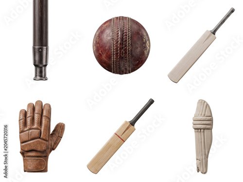 Obraz na płótnie Vintage cricket equipment collection with rustic wooden bats, aged leather ball, classic glove, and leg pad, 3D render