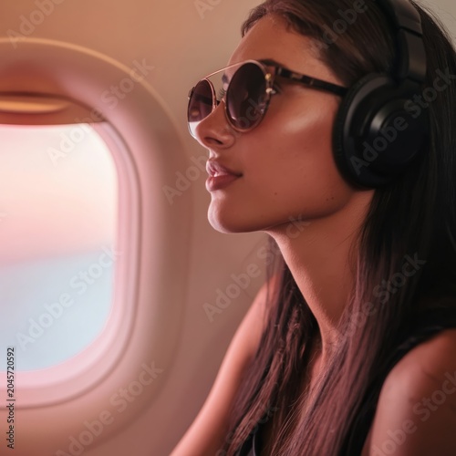 Woman Listens to Music While Sitting by the Window on an Airplane During Sunset