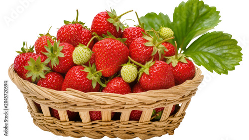 Fotografie Wicker basket full of ripe red strawberries and unripe green berries