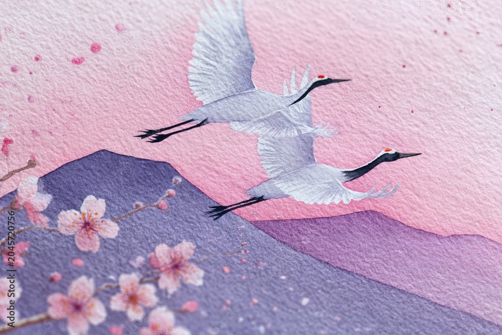 Fototapeta premium Watercolor postcard graceful cranes flying above mountain peaks and blooming cherry blossoms. for travel designs, greeting cards, cultural projects, seasonal decorations, concept of peace, harmony