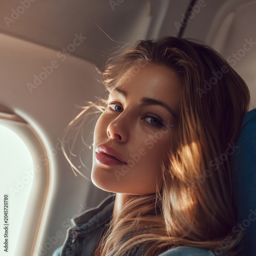 Woman Looks out of Airplane Window During Flight in Warm Light