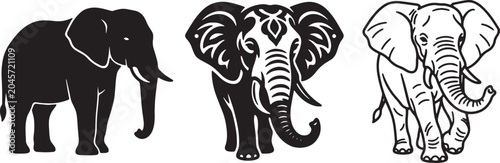 Three distinct elephant illustrations: a black silhouette, an intricately patterned graphic, and an elegant outline.