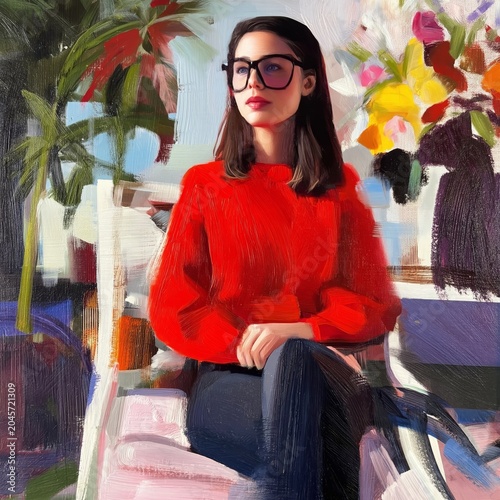 Woman Sitting in Yellow Chair Against Gray Wall in Modern Room During Afterno...