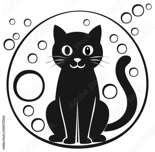 Cartoon black cat silhouette inside a circle with bubbles, happy expression