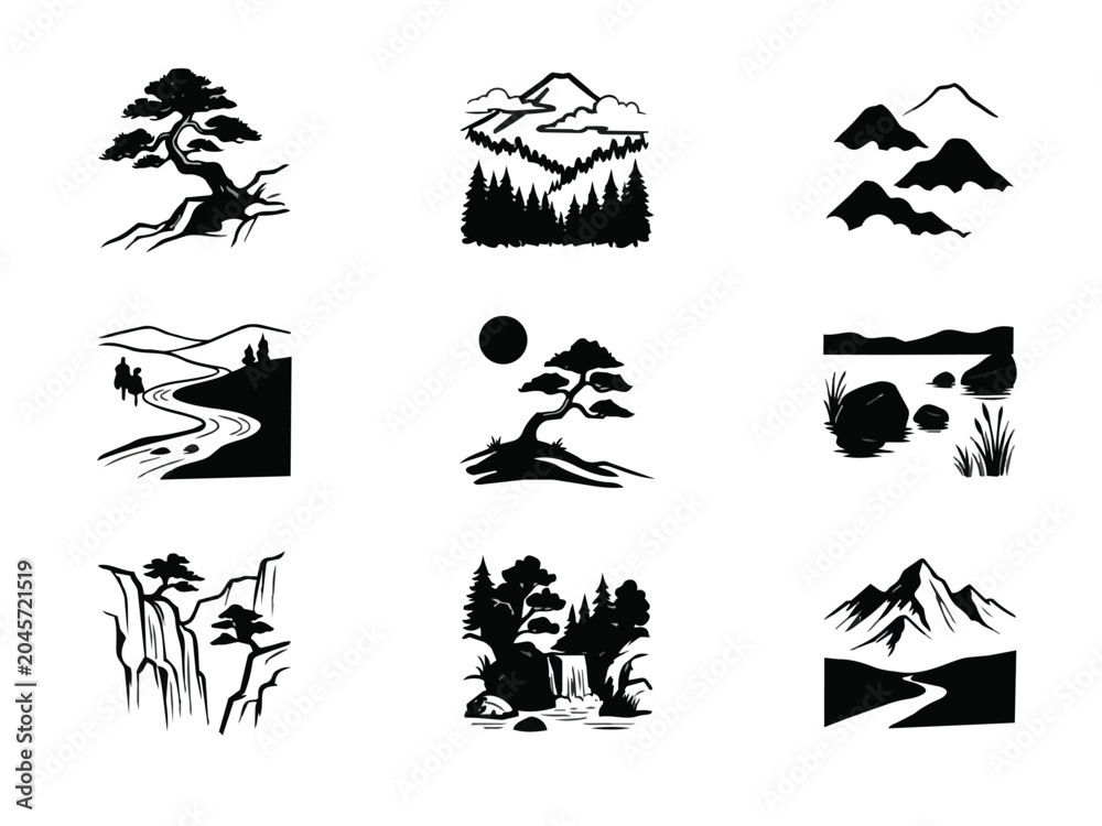Fototapeta premium Collection of traditional japanese and chinese art landscape elements, features trees, mountains, rivers, and waterfalls, for design projects.