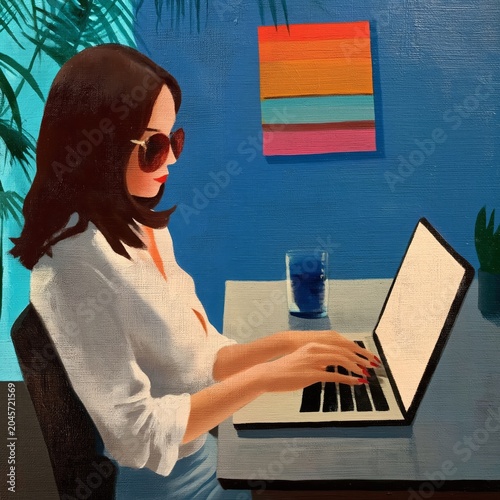 Woman Typing on a Laptop at a Desk With a Glass of Drink and Artwork on the Wall