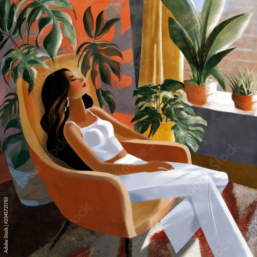 Woman Relaxes in Chair Surrounded by Plants in Bright Indoor Space During Day...