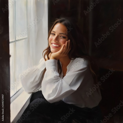 Woman Sitting by a Window Smiling With Hands on Her Face on a Sunny Day