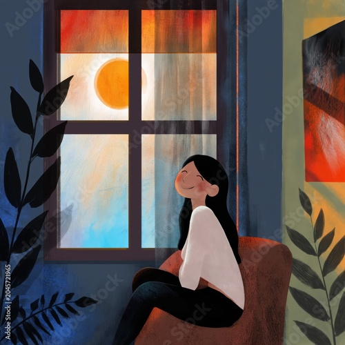 Woman Sits in Chair by Window Watching Sunset With Plants Around in Cozy Indo...