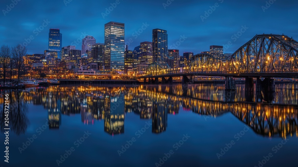 Fototapeta premium Portland Oregon Skyline at Twilight Reflected in the Willamette River with Steel Bridge