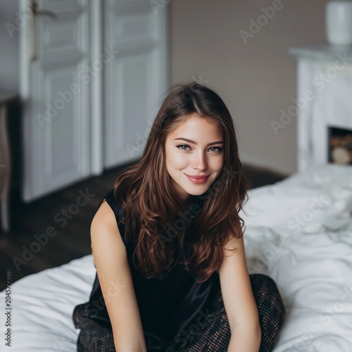 Smiling Woman Sitting on Bed in Cozy Room During Daytime With Natural Light C...