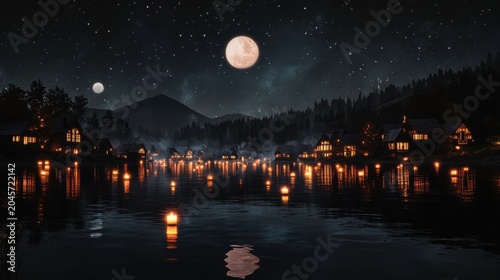 Serene Night Scene: Illuminated Village Reflecting in Calm Lake Under Moonlit Sky
