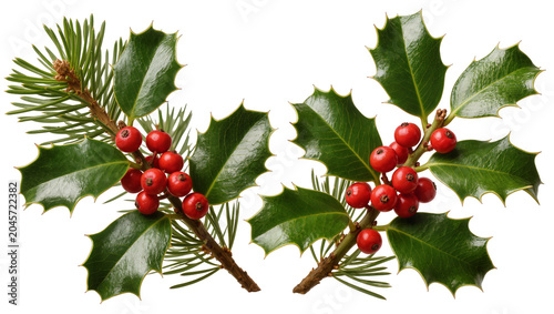 Photos Holly branches with red berries and pine needles
