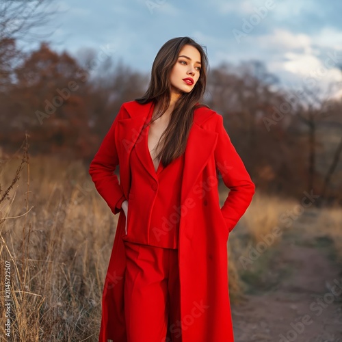 Model Poses in a Red Suit Against a Colorful Background in a Studio Setting