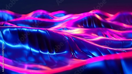 Glowing magenta blue fluid neon light ripples on metallic surface. Perfect for backgrounds, abstract designs, technology and futuristic concepts.