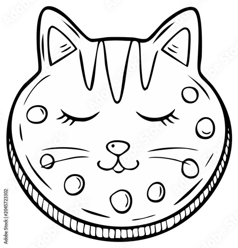 Black and white cartoon cat face with closed eyes and polka dots.