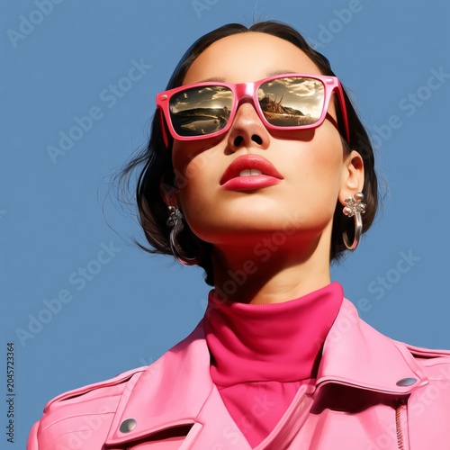 Model Poses in Stylish Outfit Against Blue Background on Sunny Day