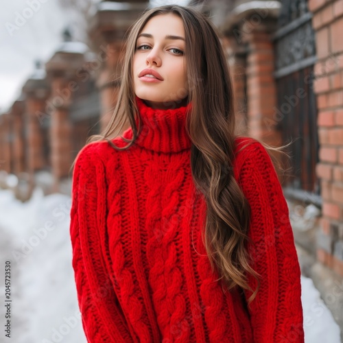 Woman Stands Outdoors in Winter Wearing a Red Sweater Near Brick Wall