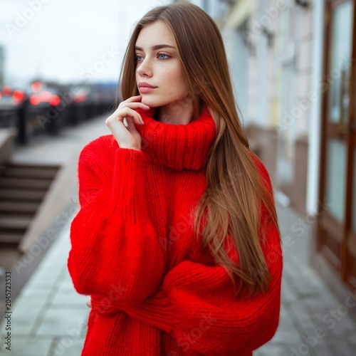 Young Woman in Red Sweater Standing Outside in the Fall With Trees in Backgro...