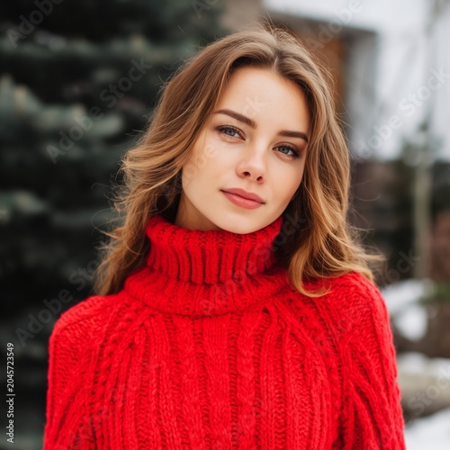 Woman Stands Outdoors in Winter Wearing a Red Sweater Near Brick Wall