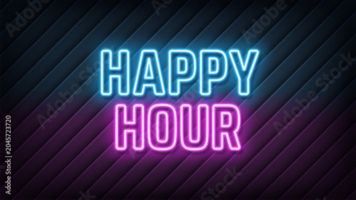 Neon text Happy Hour, blue magenta colors. Greeting promo banner with neon phrase Happy Hour. Glowing outline text Happy Hour, promotion time and bonus offer. Vector illustration