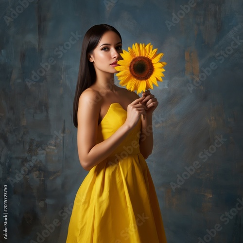 Woman in Yellow Dress Holding Sunflower Against a Blue Background in Studio S...