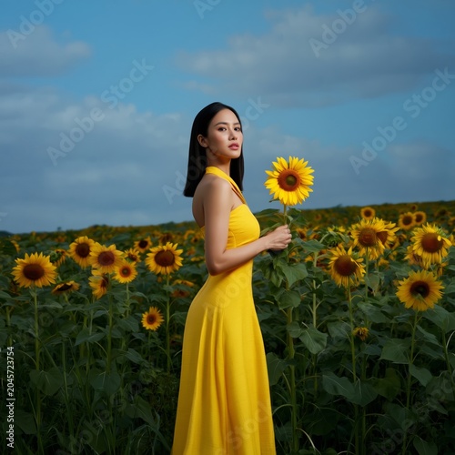 Woman in Yellow Dress Holding Sunflower Against a Blue Background in Studio S...