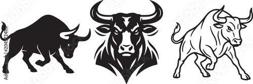 Set of three bull graphics: charging silhouette, fierce detailed head, and powerful line art.