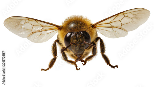 Photos Honey bee with spread wings, detailed macro view