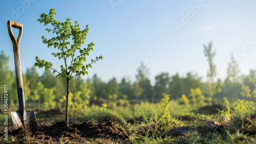 Newly Planted Tree with Shovel in Sunny Reforestation Field