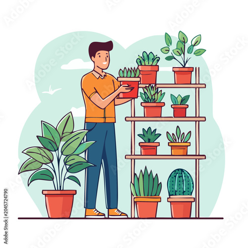 Man tending to houseplants on a shelf