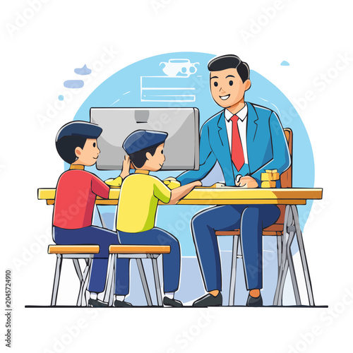 Teacher instructing two students at a desk with a computer