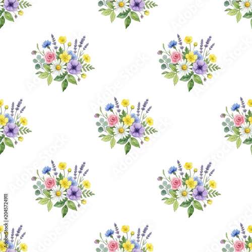 Floral arrangement seamless pattern with wildflower compositions, herbal spri...
