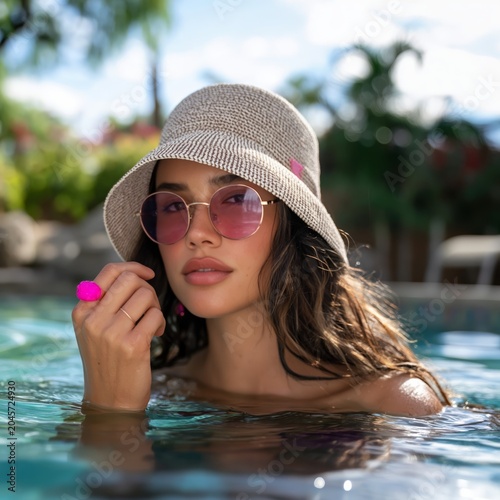 Woman Enjoying Time by Pool Wearing Pink Sunglasses and a Straw Hat