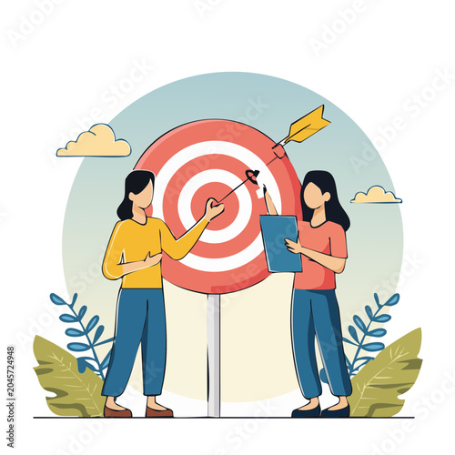 Two people aiming at a target with an arrow