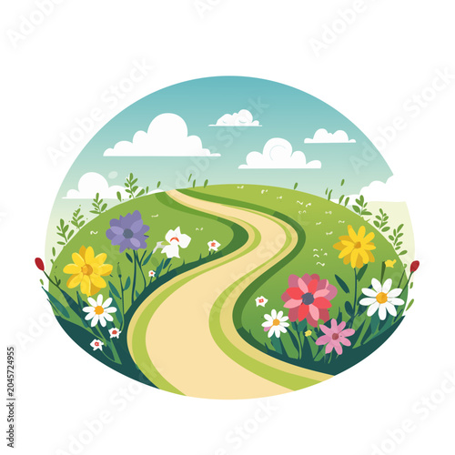Winding path through a colorful meadow with flowers and clouds
