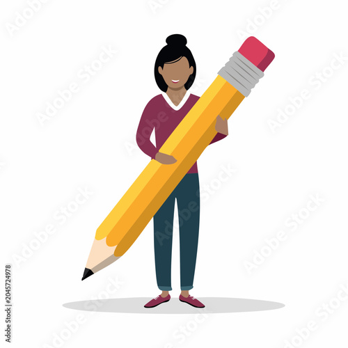 Woman holding a large yellow pencil